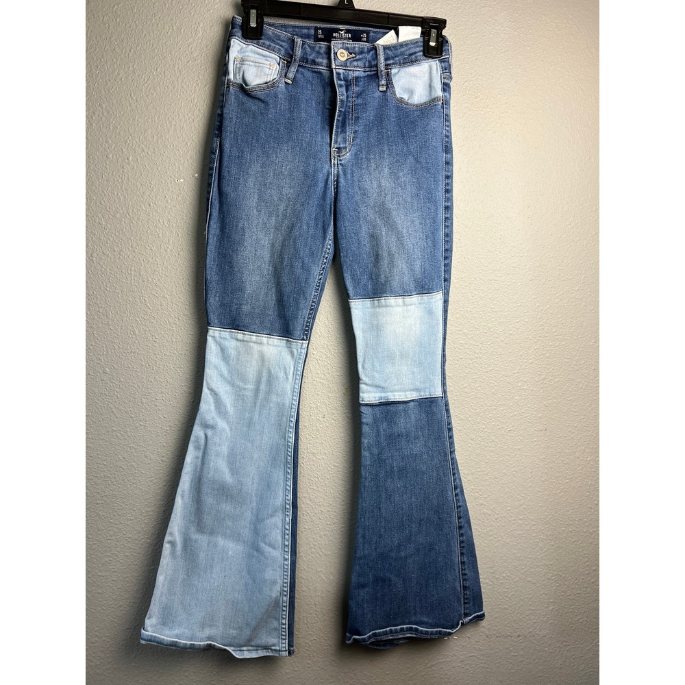 Hollister High Rise Vtg 70s Flare Jeans Blue Patchwork Soft Stretch W25 L30 1S